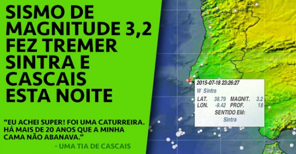 Sismo de magnitude 3,2 fez tremer Sintra e Cascais esta noite